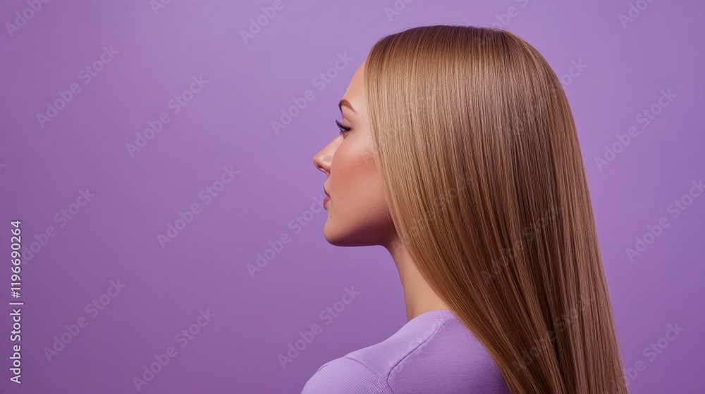A sleek long hairstyle with a center parting, posed against a pastel purple background A sleek long hairstyle with a center parting, posed against a pastel purple background