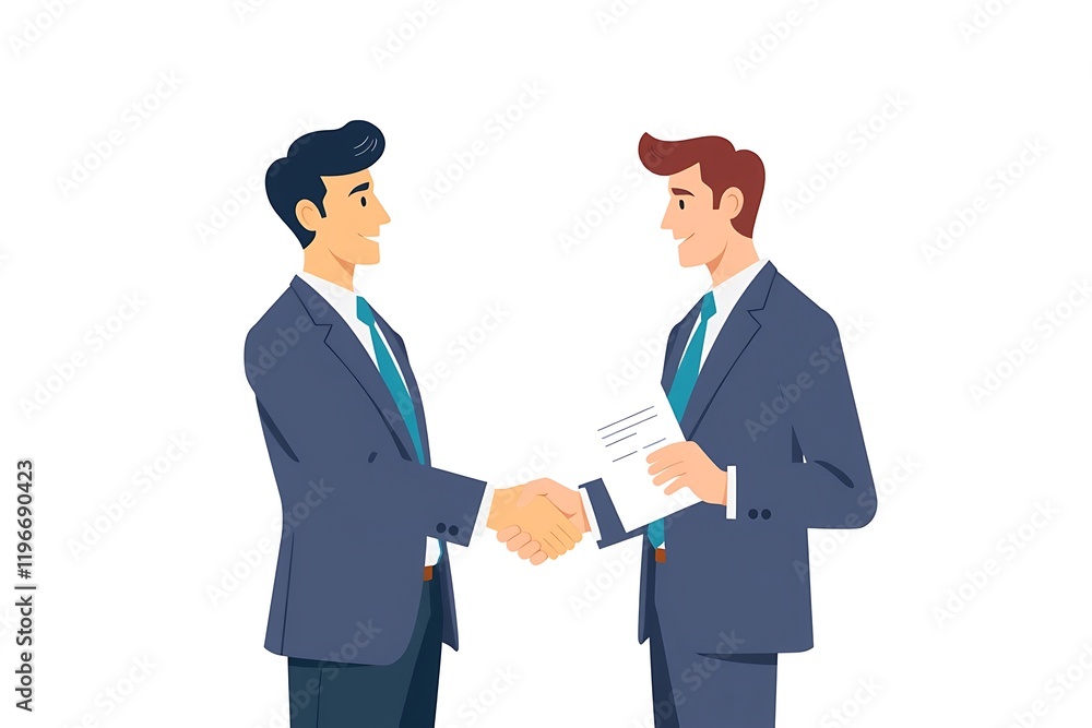 Sealing the Deal: Two confident businessmen in suits shake hands, a document symbolizing agreement held in the forefront, capturing the essence of a successful partnership. Sealing the Deal: Two confident businessmen in suits shake hands, a document symbolizing agreement held in the forefront, capturing the essence of a successful partnership.