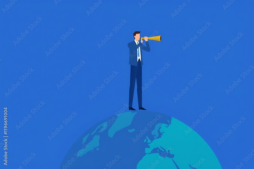 Global Visionary: A stylized illustration of a businessman standing atop the world, using a telescope to scan the horizon, symbolizing ambition, foresight, and global perspective. Global Visionary: A stylized illustration of a businessman standing atop the world, using a telescope to scan the horizon, symbolizing ambition, foresight, and global perspective.