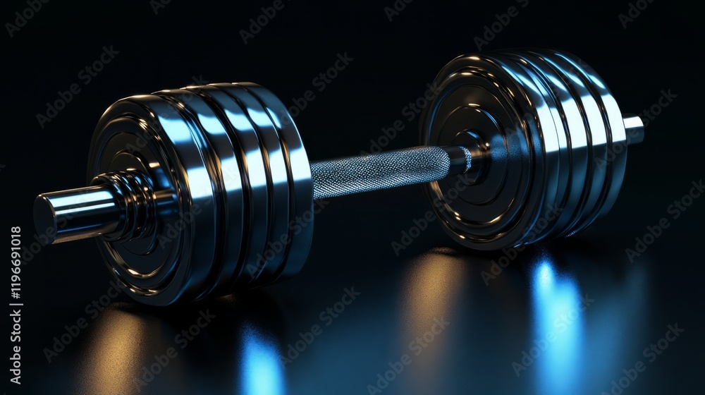 A 3D-rendered futuristic dumbbell with silver reflective surfaces, glowing edges, set against a black background with subtle shadows A 3D-rendered futuristic dumbbell with silver reflective surfaces, glowing edges, set against a black background with subtle shadows