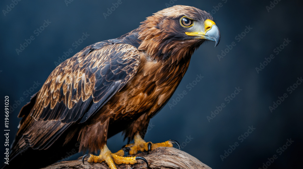 Majestic golden eagle perched on branch, showcasing its powerful features and striking plumage. bird intense gaze and sharp beak highlight its predatory nature Majestic golden eagle perched on branch, showcasing its powerful features and striking plumage. bird intense gaze and sharp beak highlight its predatory nature