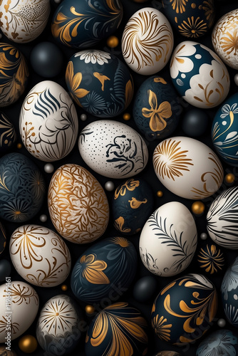 Elegant decorative eggs in black and white with golden accents
 photo