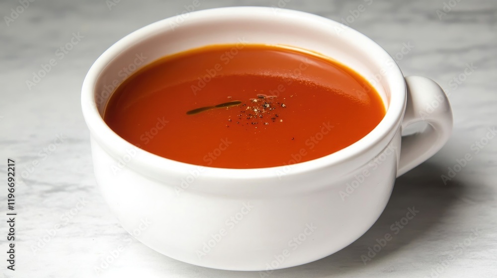 Rich tomato soup in white bowl, garnished with sprinkle of herbs Rich tomato soup in white bowl, garnished with sprinkle of herbs
