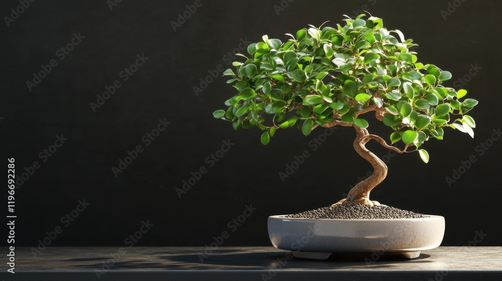 A tiny bonsai tree in a porcelain pot, placed on a sleek black background A tiny bonsai tree in a porcelain pot, placed on a sleek black background