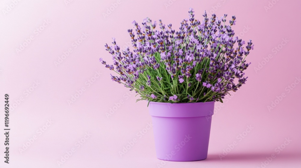 A tiny lavender plant in a decorative pot, set on a light purple background A tiny lavender plant in a decorative pot, set on a light purple background