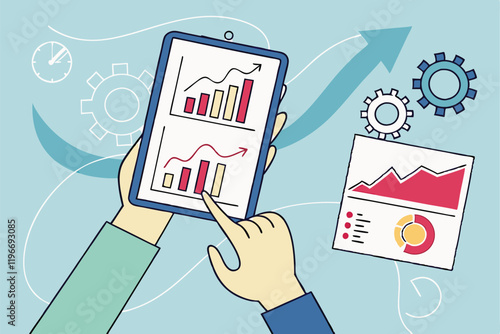 Business analytics, data visualization, mobile app, charts and graphs, hands holding smartphone, financial statistics, colorful infographics, blue background, flat design, vector illustration, digital