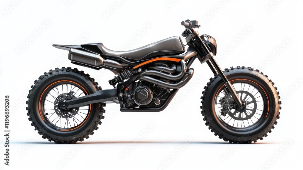 Sleek black motorcycle with chunky tires, side view on white background. Sleek black motorcycle with chunky tires, side view on white background.