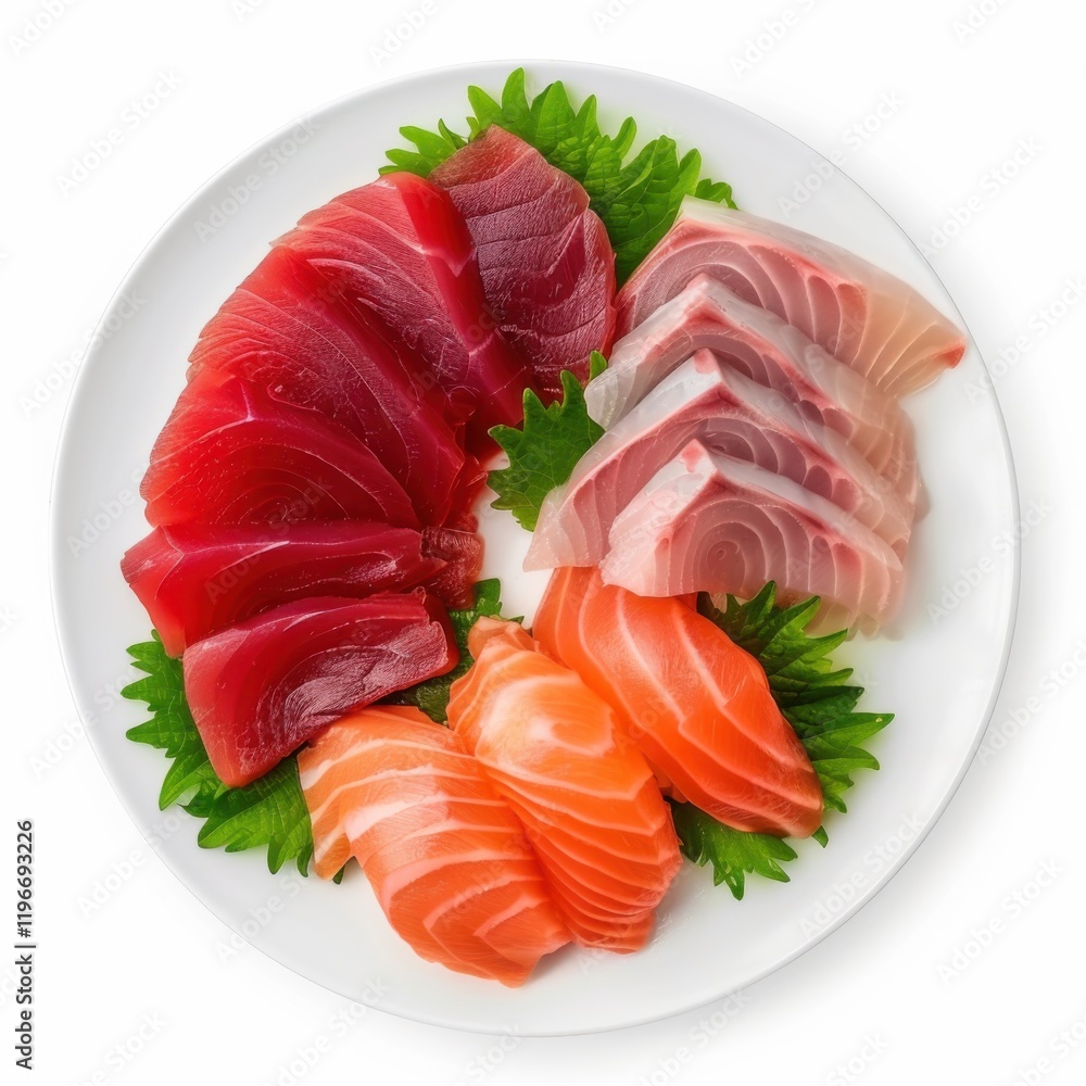 A plate of sushi sashimi with slices of tuna, salmon, and yellowtail A plate of sushi sashimi with slices of tuna, salmon, and yellowtail