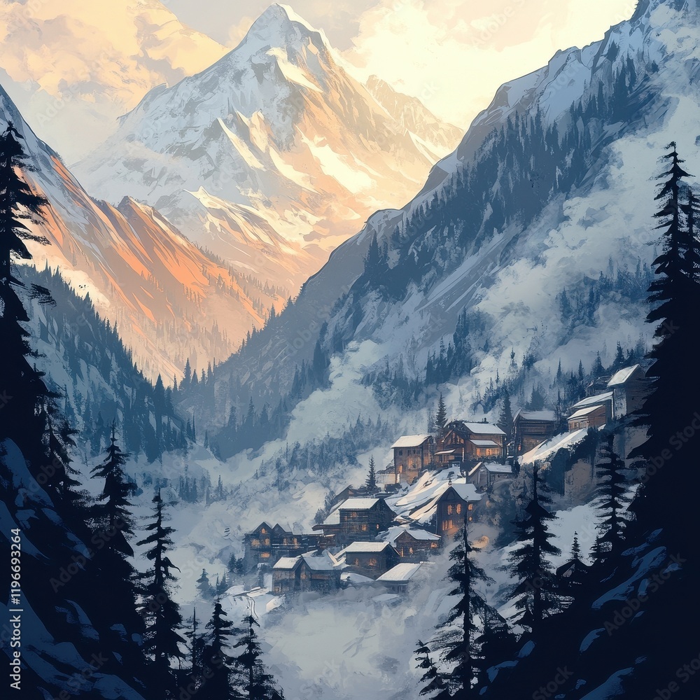 Fototapeta premium Mountain Village nestled in a snowy valley at sunset
