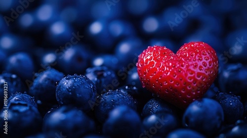Heart Shaped Strawberry Among Blueberries: A Romantic Culinary Delight