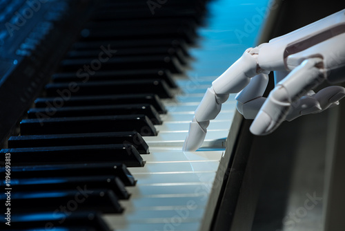 Obraz na płótnie Artificial intelligence. Robot hand playing piano, closeup