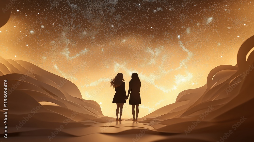 Obraz premium Romantic silhouette of two women holding hands, surrounded by golden waves and starlit skies, celebrating lesbian love, LGBT pride, and Valentine's Day.