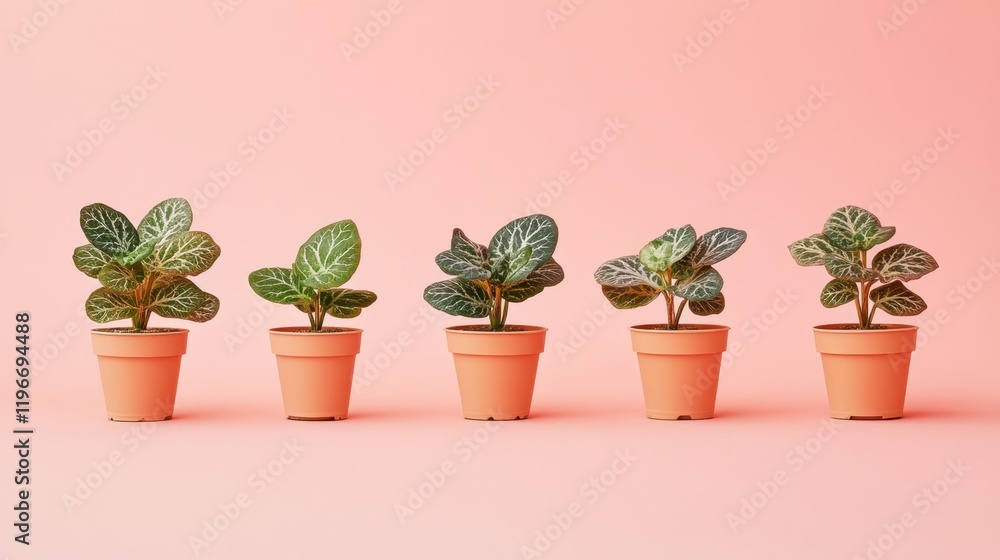 Obraz premium Miniature potted plants with variegated leaves, set against a pale pink background