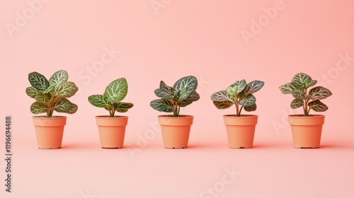 Wallpaper Mural Miniature potted plants with variegated leaves, set against a pale pink background Torontodigital.ca