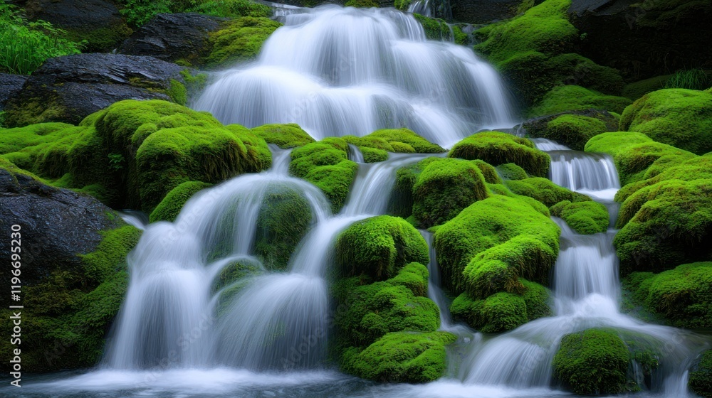 Fototapeta premium Serene waterfall cascading over moss-covered rocks in a lush setting.