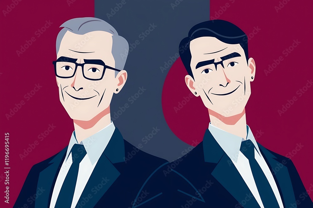 Business Partnership: Two confident men, dressed in suits and ties, stand side by side with a warm smile on their faces. They are confident in their partnership and ready to take on the world. Business Partnership: Two confident men, dressed in suits and ties, stand side by side with a warm smile on their faces. They are confident in their partnership and ready to take on the world.