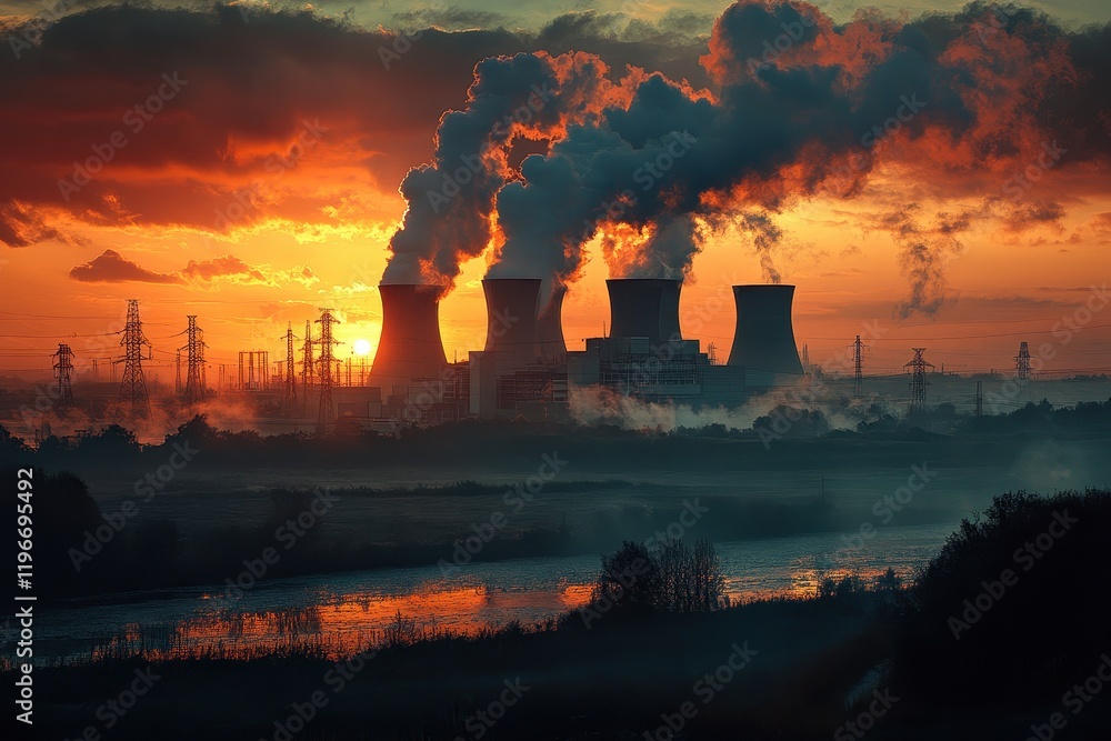 Fototapeta premium Industrial Power Plant Emitting Smoke at Sunset with Dramatic Sky and Silhouetted Landscape