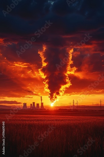 Dramatic Sunset Over Industrial Landscape with Striking Cloud Formation and Vibrant Colors photo