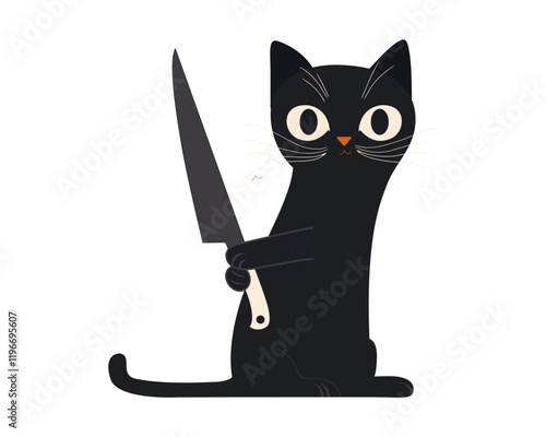 Funny cat with a knife. Cartoon character. Vector.