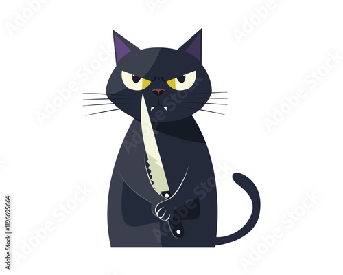 Funny cat with a knife. Cartoon character. Vector.
