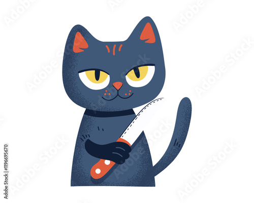 Funny cat with a knife. Cartoon character. Vector.