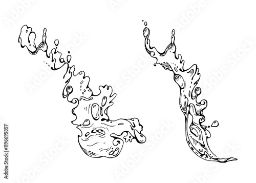 Splashes bubbles waves with dew drops, water flow. Liquid pouring motion, flowing clear wet spray ripples. Vector illustration hand drawn in ink, single object isolated on white. Cooling beverages