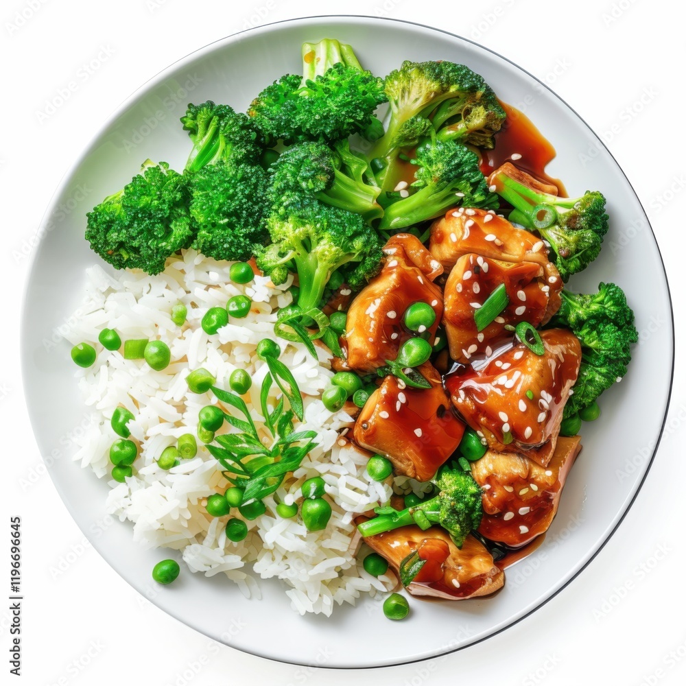 A plate of teriyaki chicken with steamed broccoli and jasmine rice, isolated white background, modern art style A plate of teriyaki chicken with steamed broccoli and jasmine rice, isolated white background, modern art style