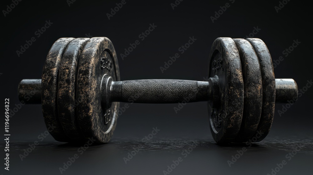 Naklejka premium A 3D model of a heavy-duty cast-iron dumbbell, with matte black finish, set against a pure black background with smooth lighting effects