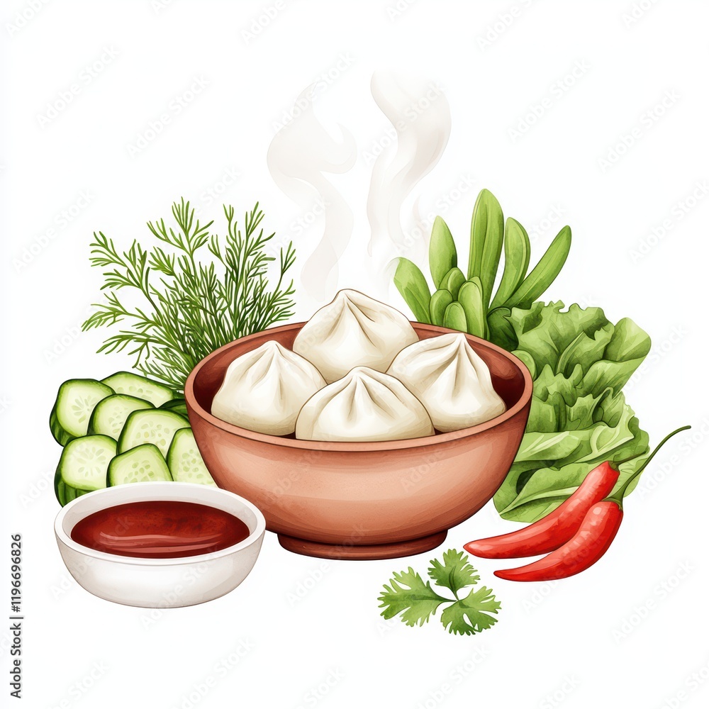 Fresh Dumplings with Vegetables and Spicy Sauce on White Background Fresh Dumplings with Vegetables and Spicy Sauce on White Background
