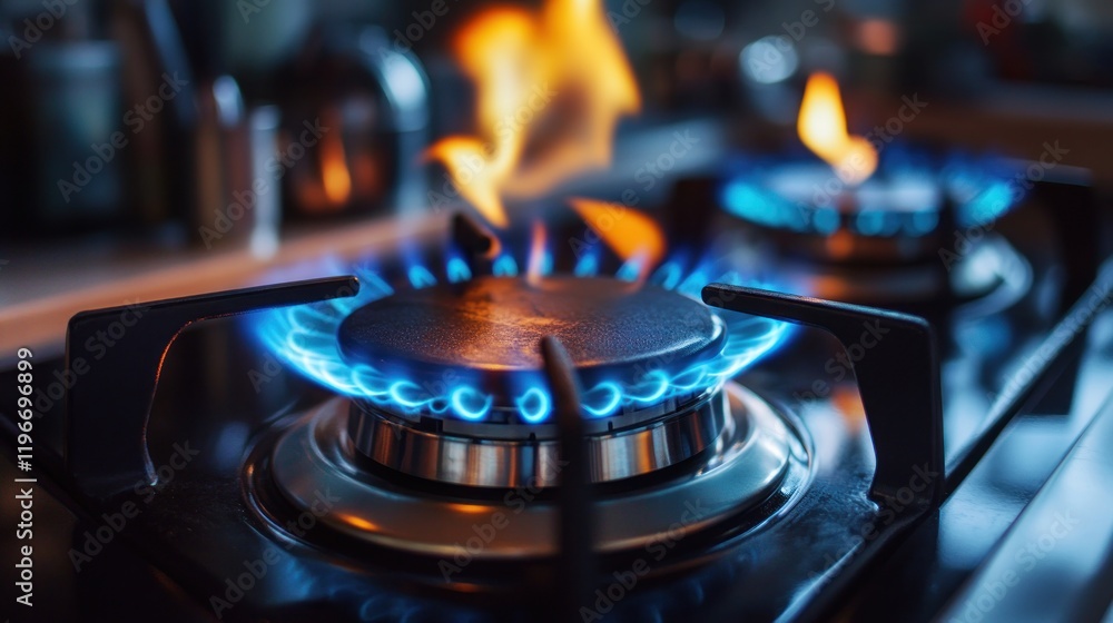 Close-up of a Gas Stovetop with Blue Flames Close-up of a Gas Stovetop with Blue Flames