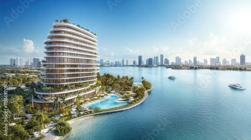 Modern architectural design of a luxury high-rise building with a curved facade, overlooking a waterfront, featuring a swimming pool and lush landscaping. photo