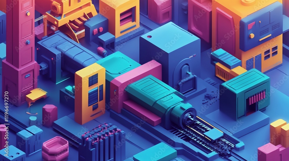 Abstract Colorful Industrial Machinery: A Futuristic Digital 3D Isometric Rendering Abstract Colorful Industrial Machinery: A Futuristic Digital 3D Isometric Rendering