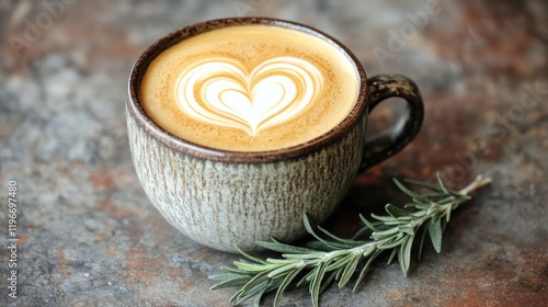 Warm latte with heart-shaped foam art accompanied by fresh rosem photo