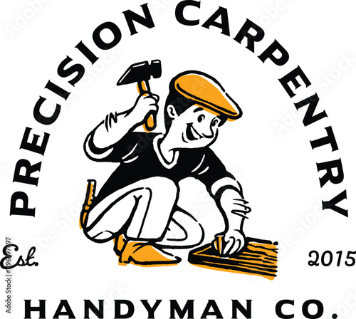 Retro-style emblem featuring a carpenter character working with a plank and hammer, designed in a vintage illustrative style, ideal for carpentry businesses