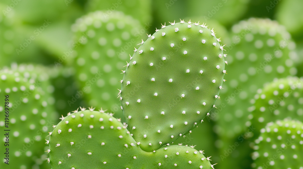 Prickly Pear Cactus Close-Up: A detailed close-up reveals the vibrant green pads of a prickly pear cactus, showcasing the intricate patterns of tiny spines and subtle textures.