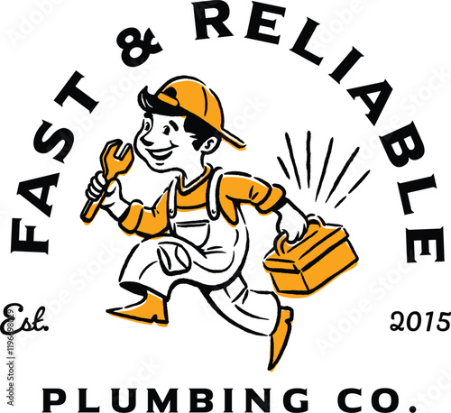 Retro-style emblem featuring a plumber character holding a wrench, designed in a vintage illustrative style, ideal for plumbing businesses, handyman services, and retro-style branding.