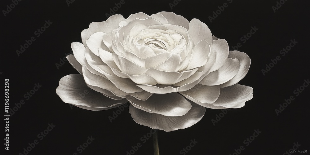 A Single White Ranunculus Flower Against Black Background A Single White Ranunculus Flower Against Black Background