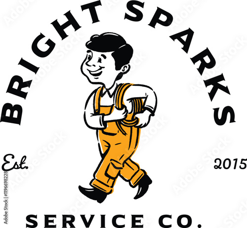 Retro-style emblem featuring an electrician character carrying tools, designed in a vintage illustrative style, ideal for electrical service branding, handyman businesses