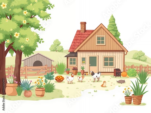 an image of a farm with a house and chickens. photo