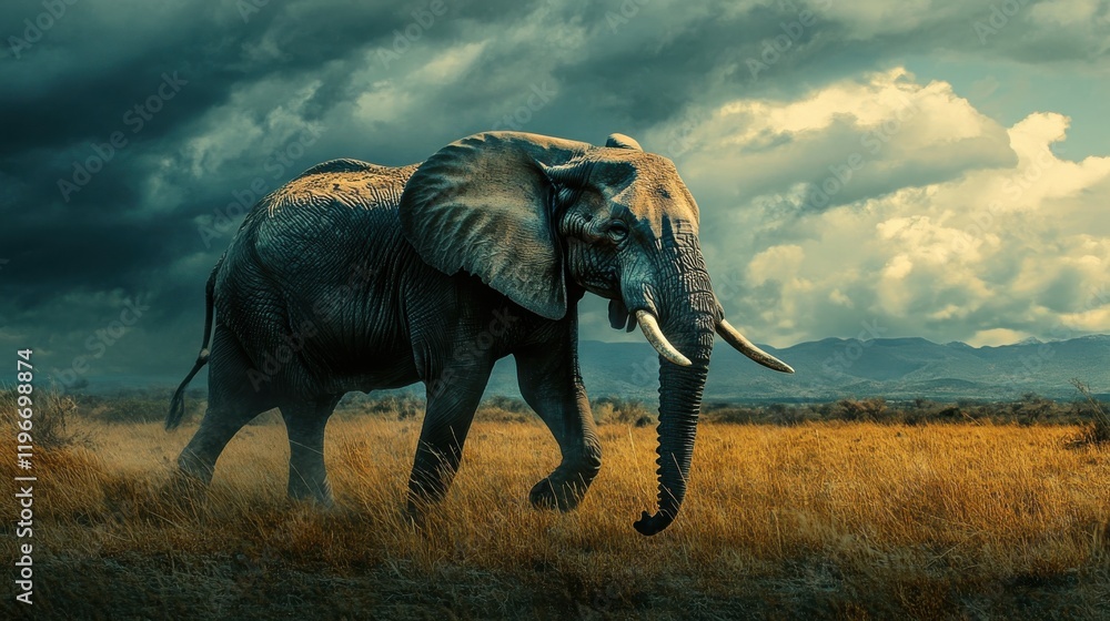 Fototapeta premium Majestic elephant strides across the savanna under a dramatic sky.