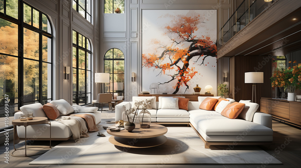 Fototapeta premium Elegant living room with a white sectional sofa, vibrant orange accents, a round wooden coffee table, large windows, and a striking tree mural on the wall.