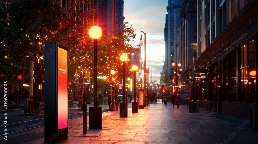 Fototapeta premium A vibrant city street at dusk, illuminated by glowing lamps and colorful digital displays, creating a lively urban atmosphere.