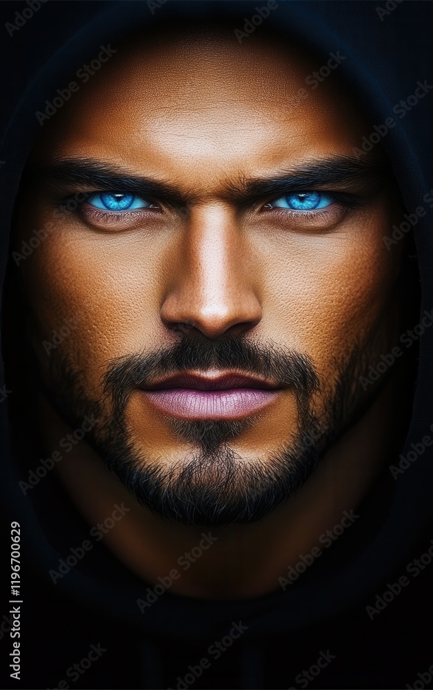 A man with a well-defined jawline and a thick beard stares directly at the viewer. His piercing blue eyes stand out vividly against the darkness of his hoodie and the surrounding shadow A man with a well-defined jawline and a thick beard stares directly at the viewer. His piercing blue eyes stand out vividly against the darkness of his hoodie and the surrounding shadow
