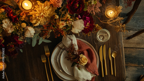 Dining room decor, interior design and autumn holiday celebration, elegant autumnal table decoration with candles and flowers, home decor, wedding and country cottage style idea photo