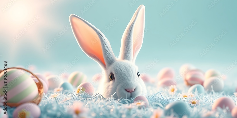 Obraz premium Easter Bunny in Egg Nest: An adorable fluffy white bunny rabbit sits nestled amongst pastel Easter eggs, creating a charming and festive springtime scene.