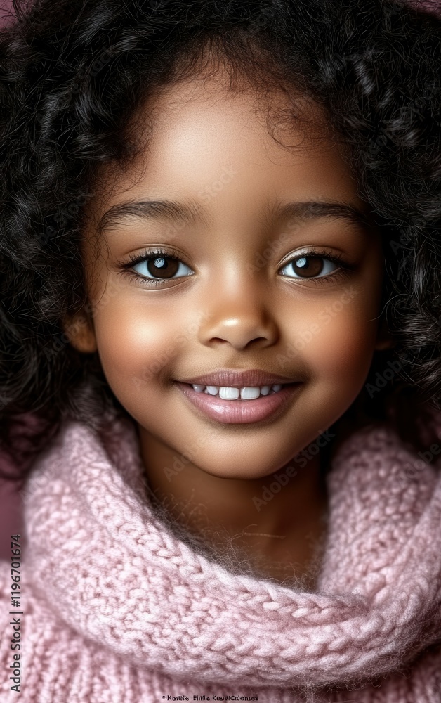 A young girl with beautiful curly hair beams a joyful smile while wearing a soft pink sweater. Her bright eyes reflect innocence and happiness in a warm setting A young girl with beautiful curly hair beams a joyful smile while wearing a soft pink sweater. Her bright eyes reflect innocence and happiness in a warm setting