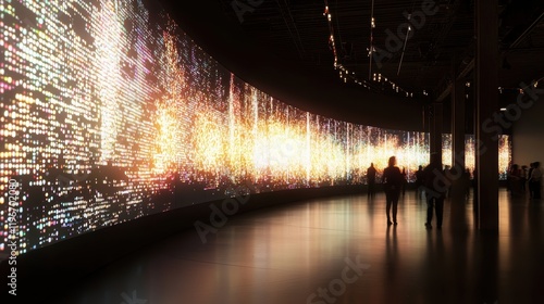A vibrant digital art installation featuring a colorful array of light patterns, creating an immersive experience for viewers in a spacious gallery.
