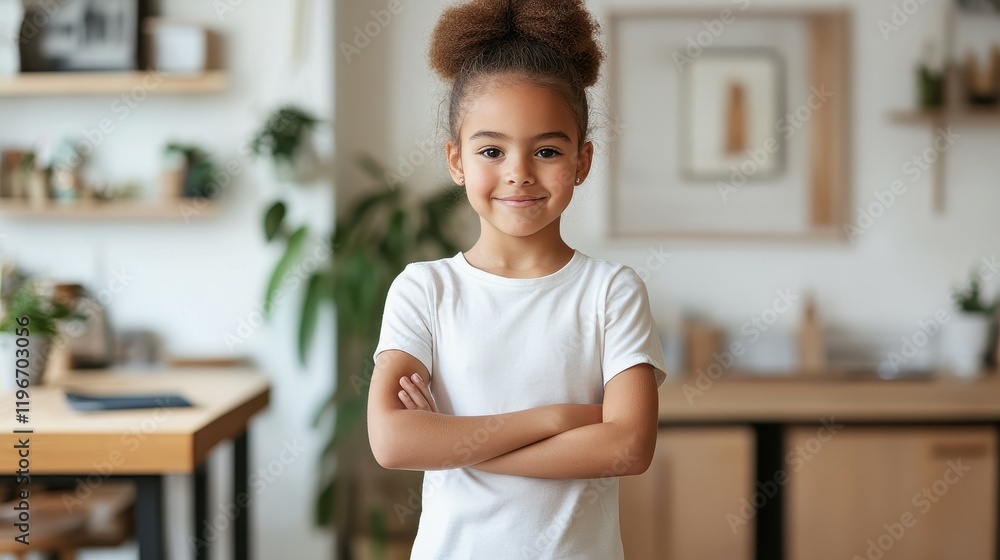 A young girl stands confidently in a well-lit, modern room filled with plants and wooden furniture. She crosses her arms and smiles warmly, exuding self-assurance in her playful attire