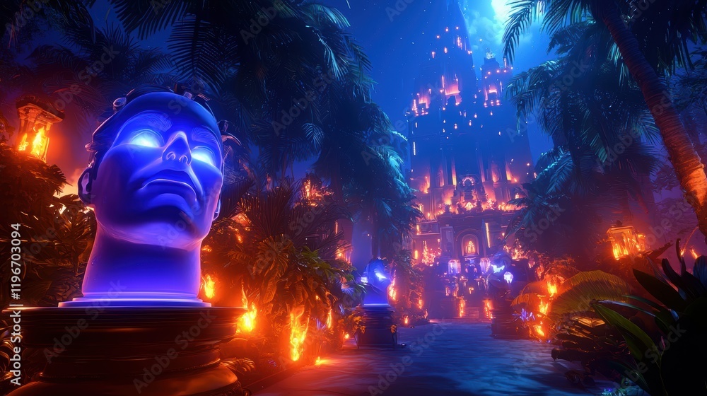 Fototapeta premium A vibrant, mystical scene featuring a glowing blue head statue amidst a lush landscape, illuminated by fiery lights and surrounded by palm trees.