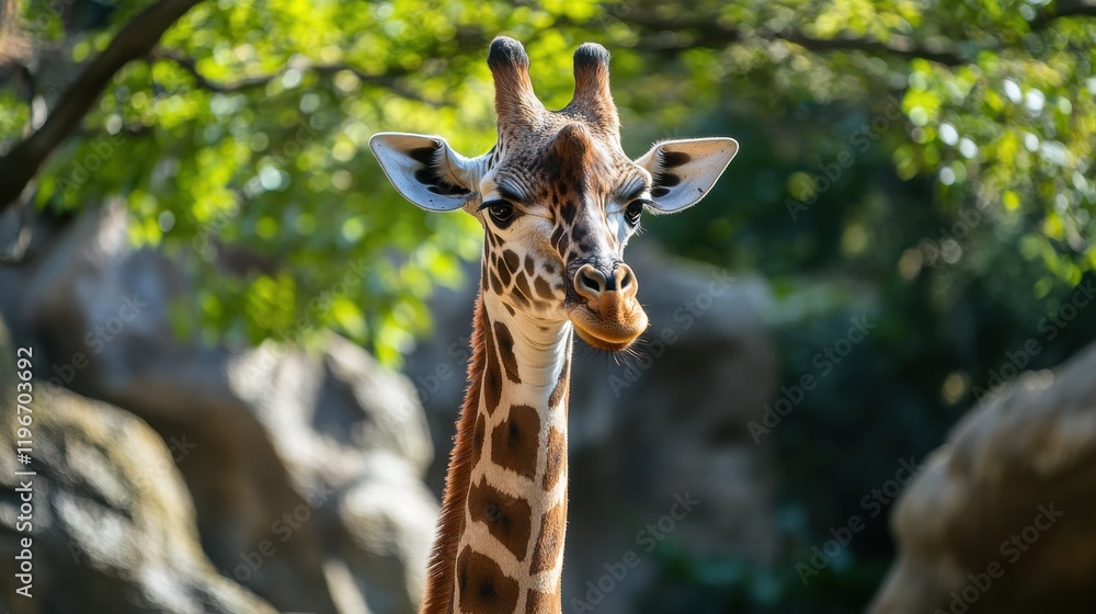 Fototapeta premium Young giraffe portrait, sunlit foliage